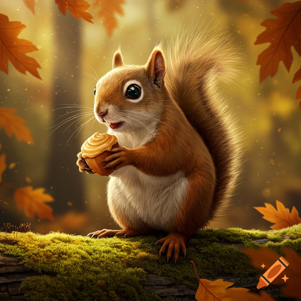 A realistic squirrel sits on a mossy log in an autumn forest, holding a nut with creamy topping.