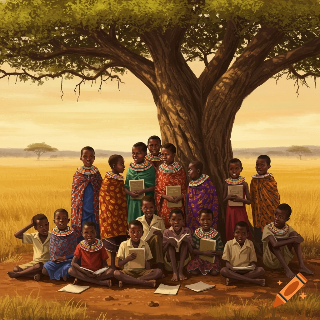 Illustration of African children in traditional attire reading books under a large tree in a savanna setting.