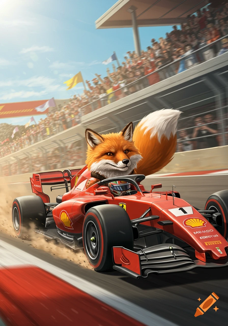 A smiling fox cartoonishly drives a red Formula 1 race car on a track with cheering crowds in the background, under a bright sky.
