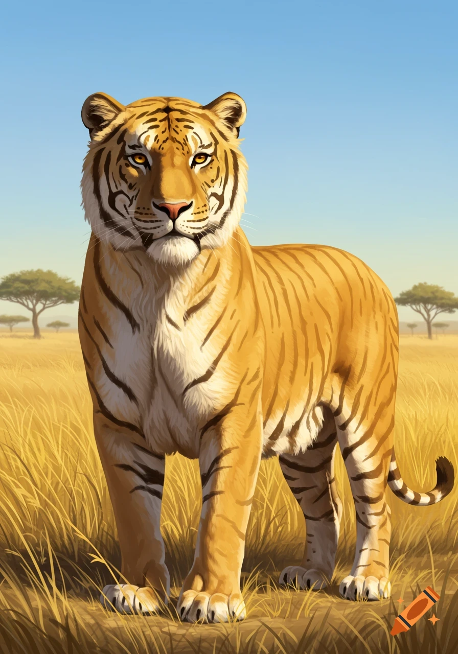 A majestic tiger stands in a sunlit golden grassy field with acacia trees under a clear blue sky, rendered in a detailed illustrative style.