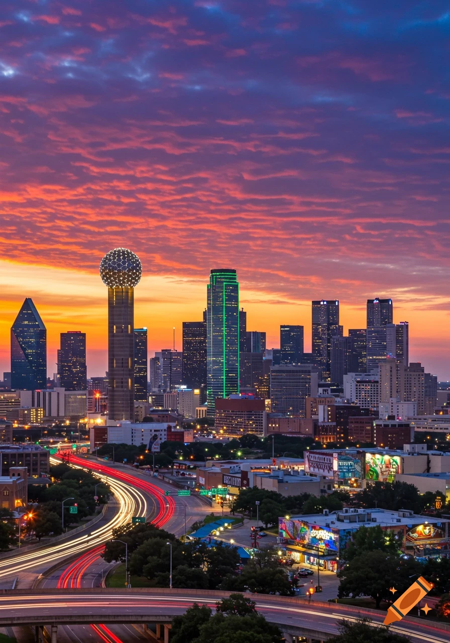 A vibrant sunset over the Dallas skyline, with light trails from cars on the busy highway below.