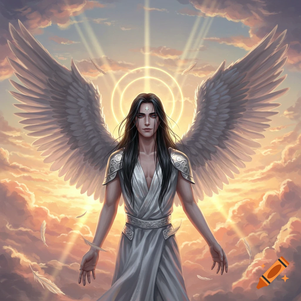 An angel man with long black hair and large white wings stands in the sky amidst golden clouds and sunlight.