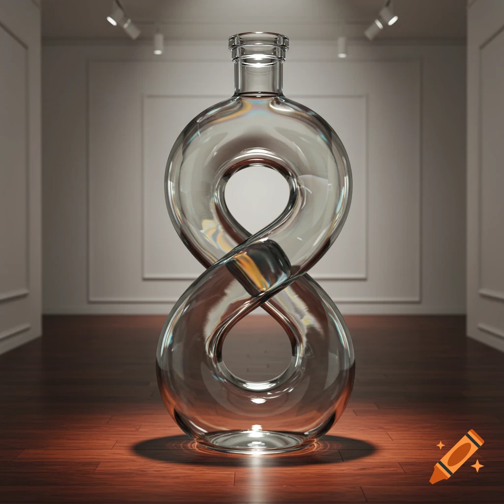 A clear glass bottle shaped like a figure-eight or infinity symbol sits on a polished wooden floor in a gallery, illuminated by spotlights.