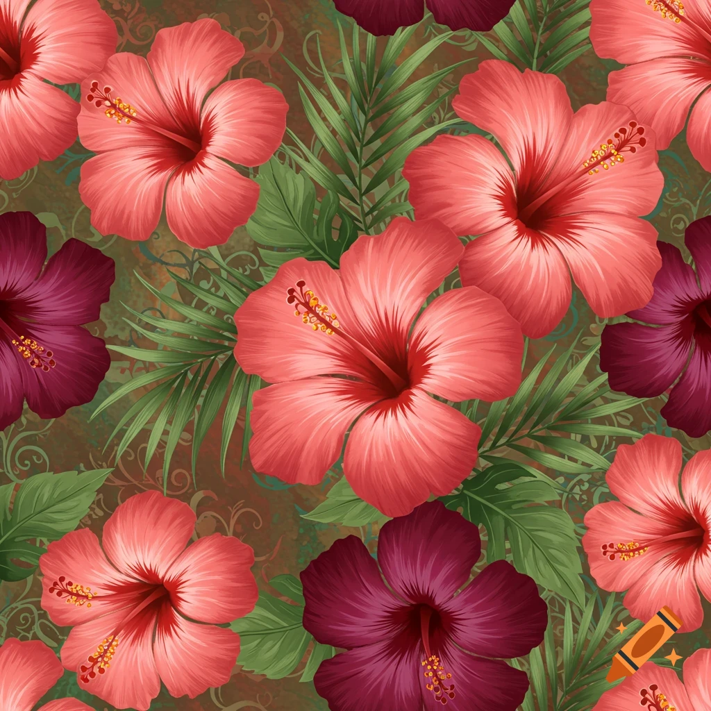 A seamless pattern of red and pink hibiscus flowers with green leaves on a dark brown patterned background.