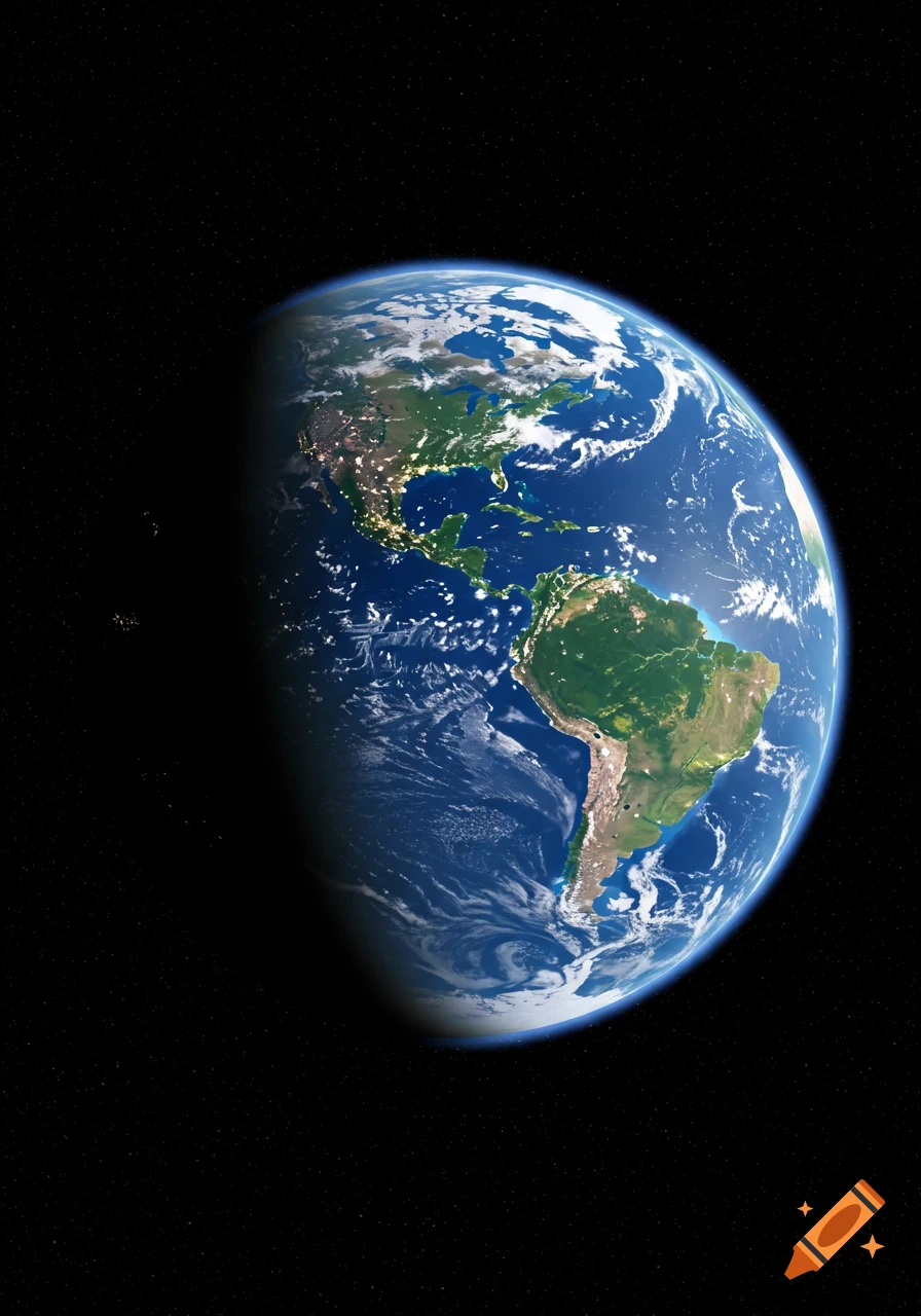 A realistic view of planet Earth from space, showing North and South America partially illuminated by sunlight against a starry background.
