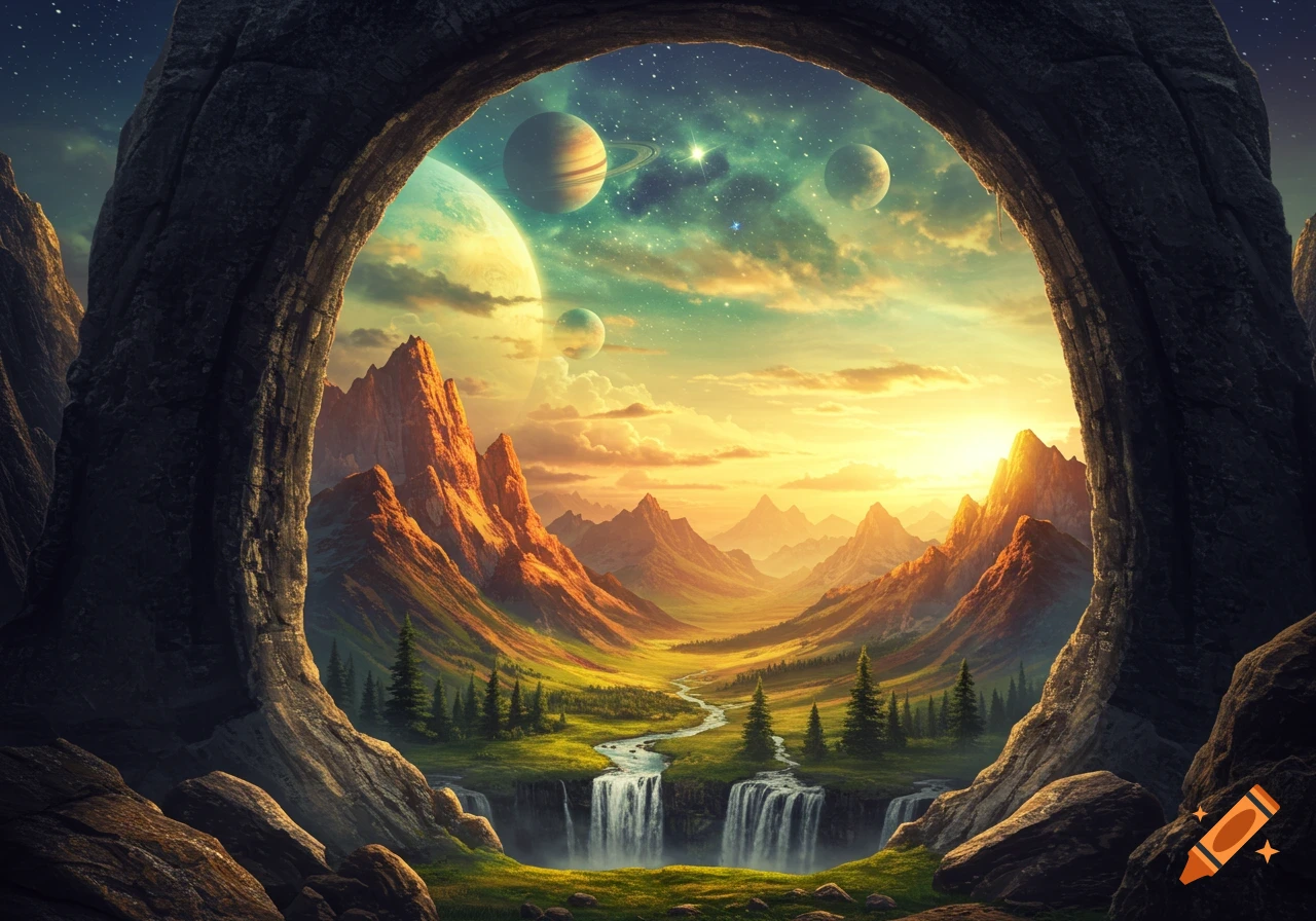 A vibrant fantastical landscape with mountains, waterfalls, and planets in a cosmic sky, framed by a colossal stone archway.