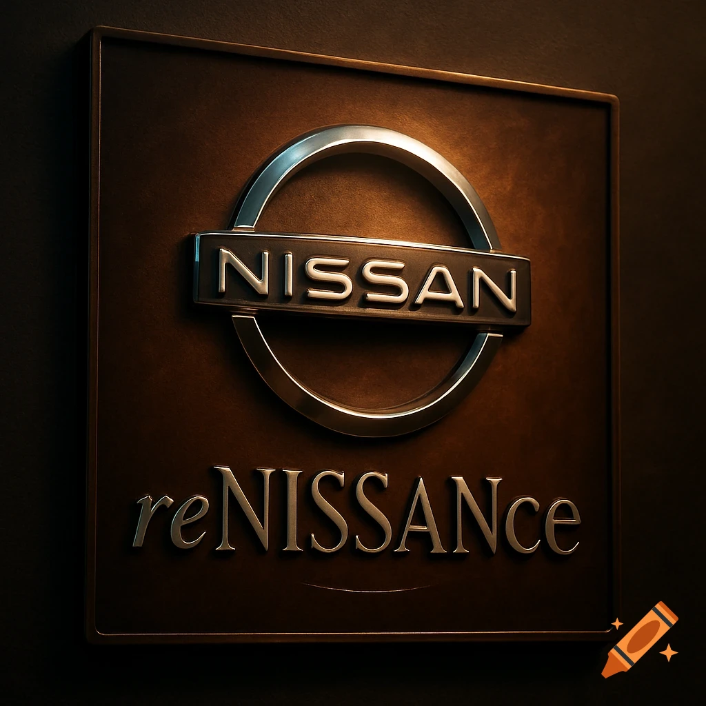 A high-quality 3D render of a metallic Nissan logo on a dark brown plaque, with 'reNISSANce' written below it.