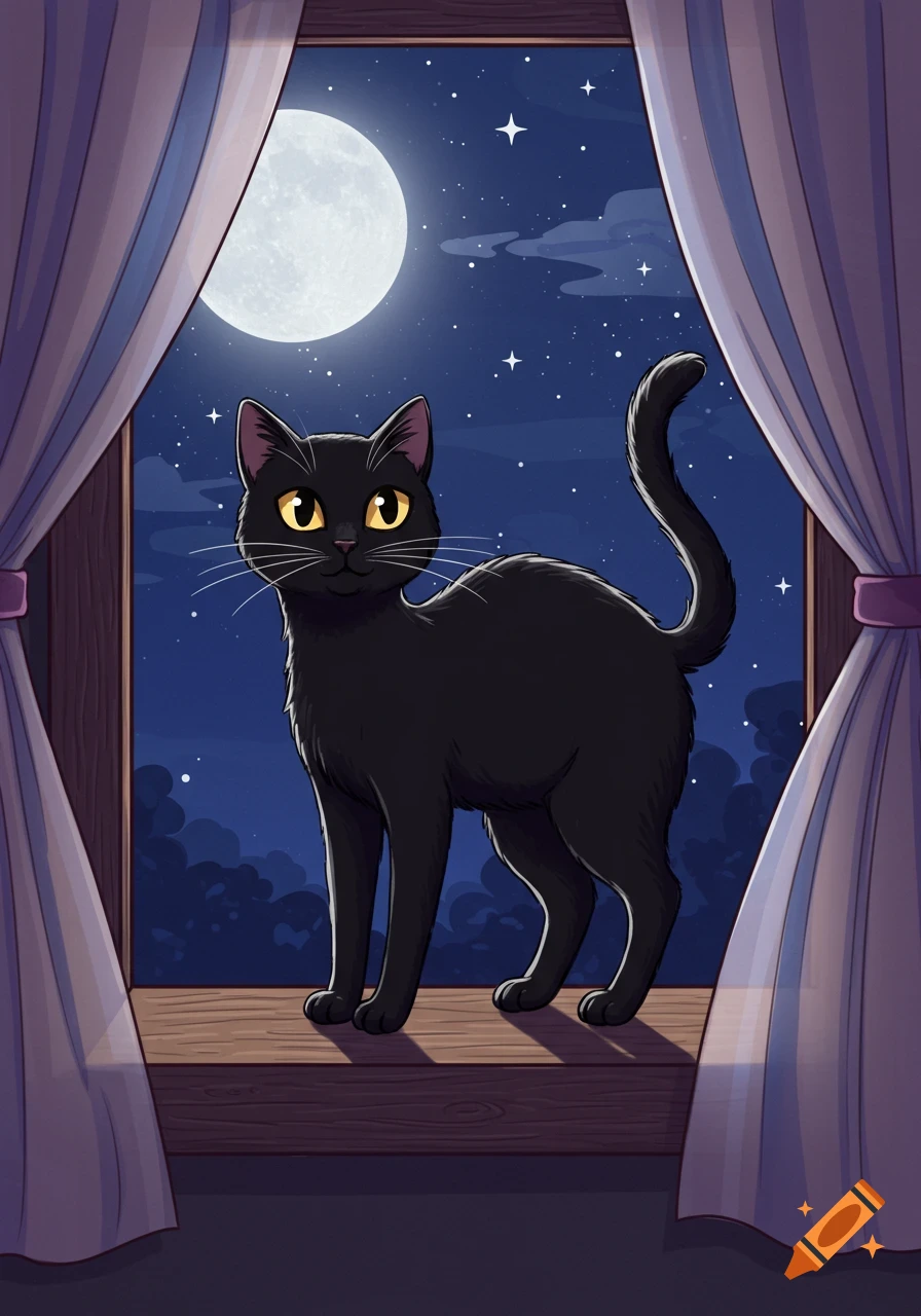 A cartoon black cat with gold eyes sits on a windowsill looking out at a bright full moon and starry night sky, with curtains framing the window.