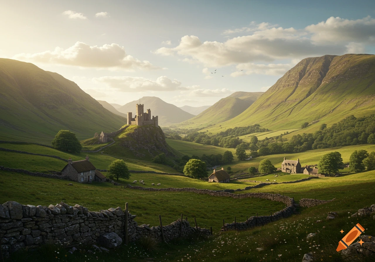Photorealistic landscape of a Welsh valley with a castle on a central hill, surrounded by lush green mountains and traditional stone houses.
