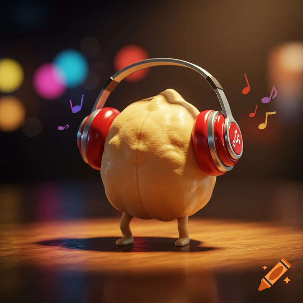 A cute, anthropomorphic chickpea wearing red headphones and small legs, standing on a wooden surface with musical notes floating around it in a warm, bokeh-filled room.