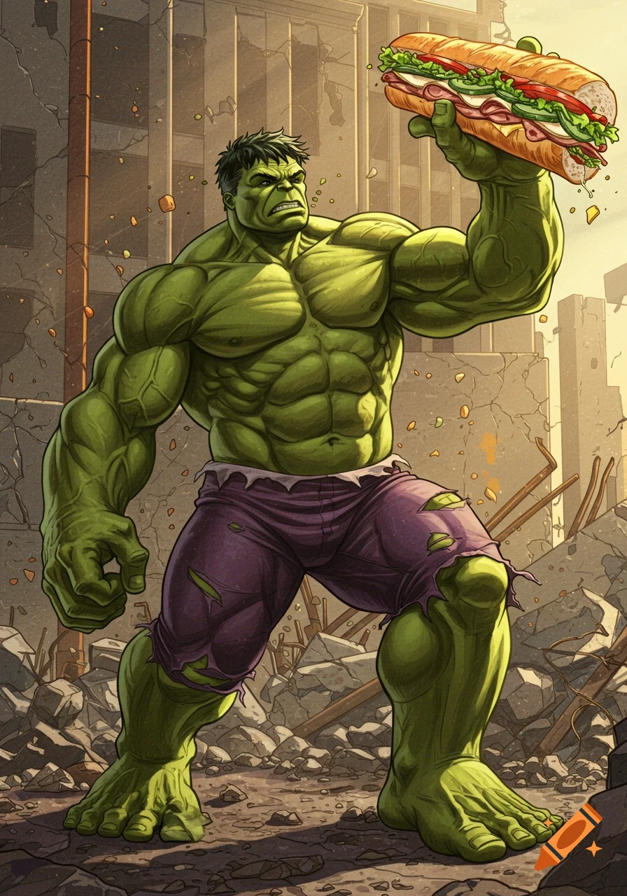 Hulk, a large green superhero, stands in a ruined city holding a long sub sandwich, in a comic book art style.