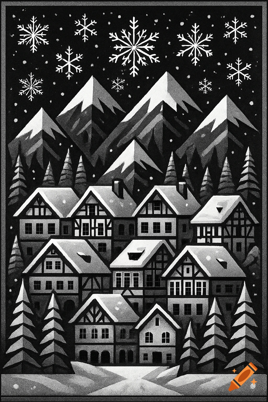 A black and white stylized illustration of a snowy mountain village with traditional houses, pine trees, and large snowflakes falling from the dark sky.