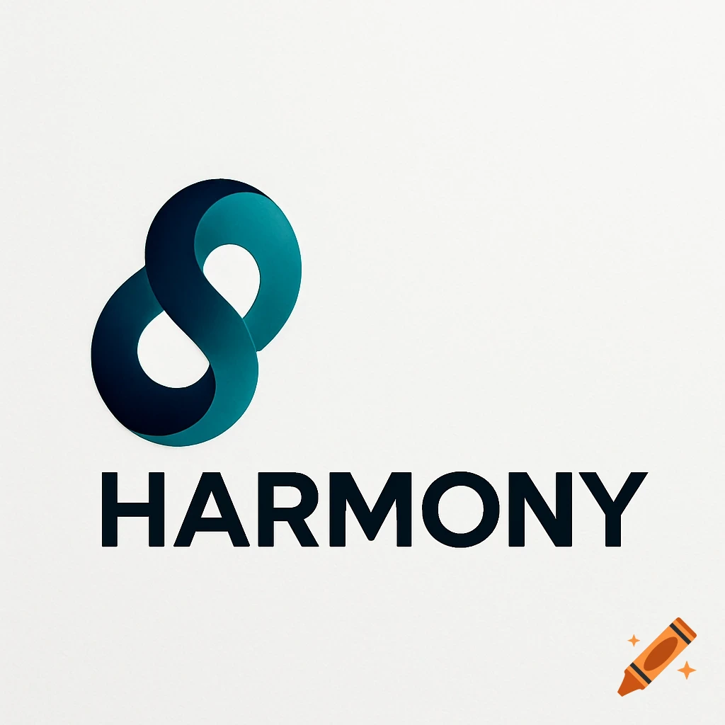A modern logo featuring an abstract intertwined blue and teal shape above the bold word 'HARMONY' on a white background.