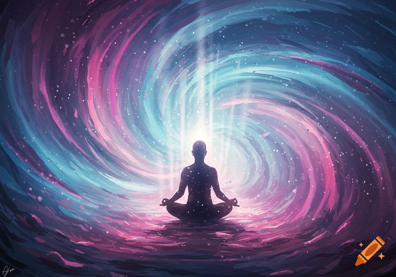 A silhouette of a person meditating in the lotus position, surrounded by a swirling galaxy of pink, blue, and purple, with a bright light emanating from above their head.