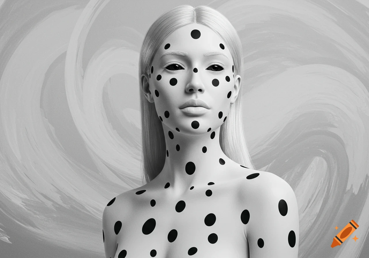 Black and white portrait of a woman with white skin, black polka dots on her face and body, and completely black eyes.