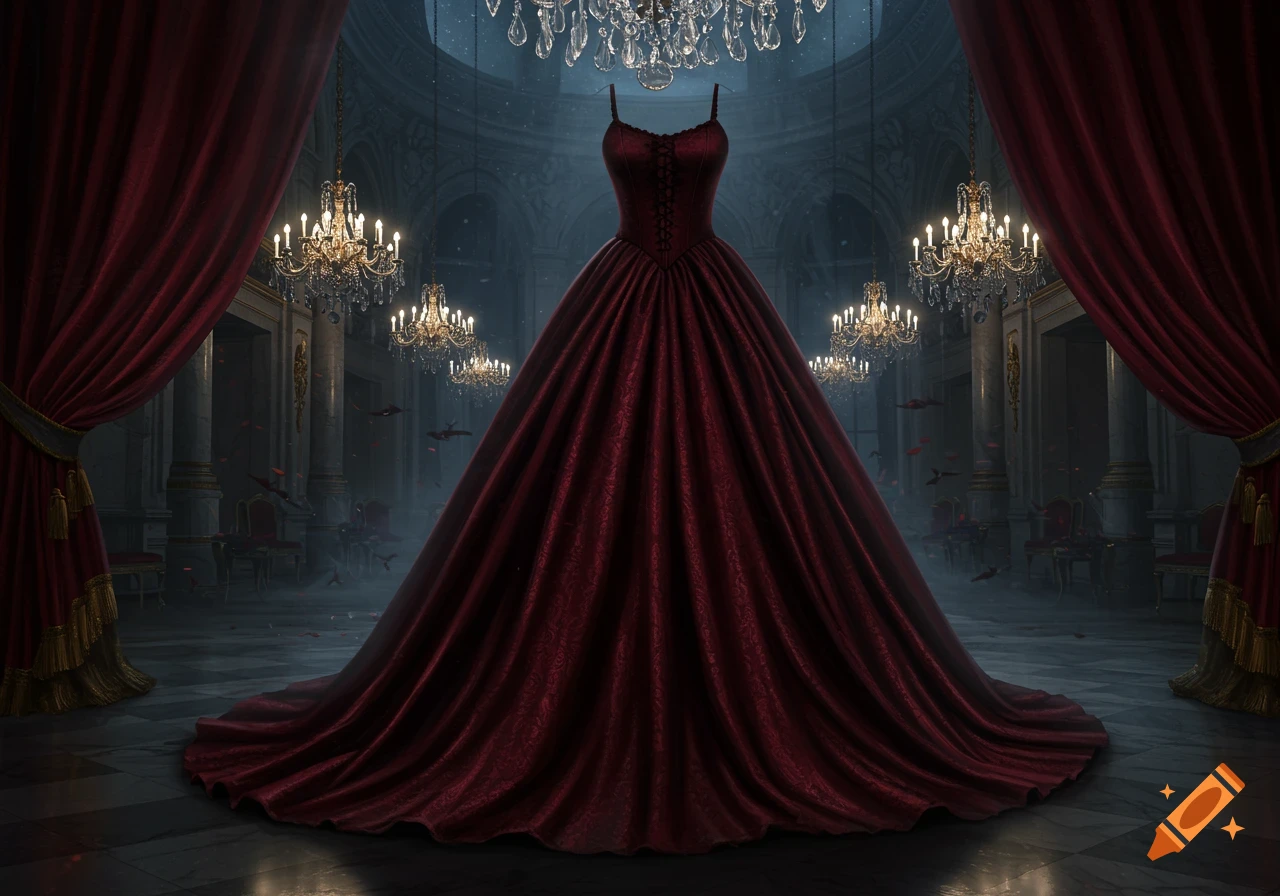 A dramatic dark red dress stands centrally in a shadowy, opulent ballroom with chandeliers and red curtains.