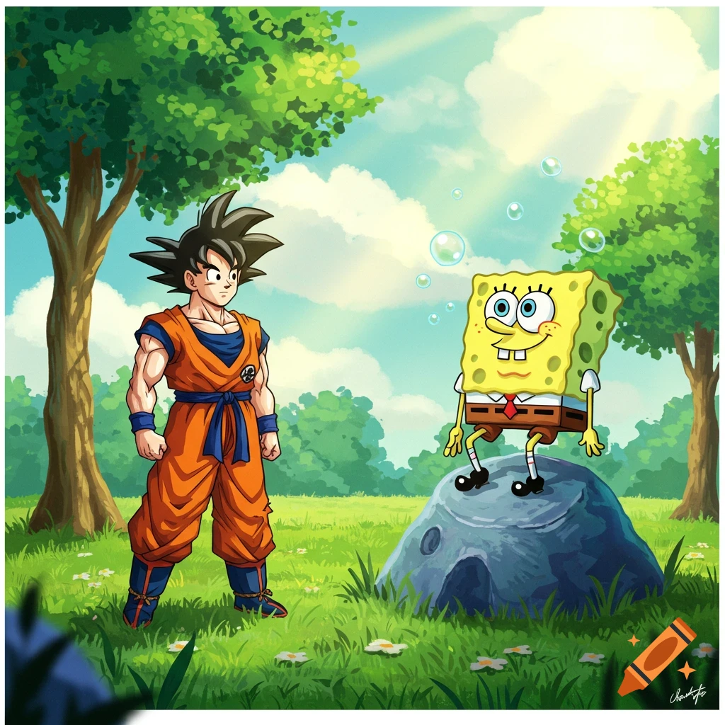 Goku from Dragon Ball stands in a sunny, grassy field, looking at Spongebob Squarepants sitting on a rock in an animated style.