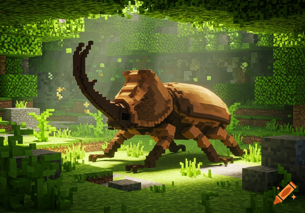 A large, brown, pixelated rhinoceros beetle stands in a vibrant blocky jungle, reminiscent of Minecraft.