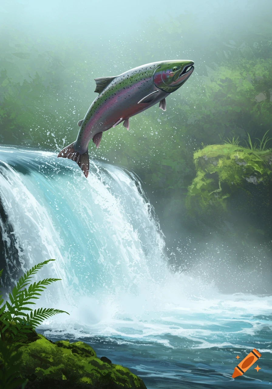 A colorful salmon leaps out of a waterfall in a lush, misty natural setting, illustrated in a stylized art style.