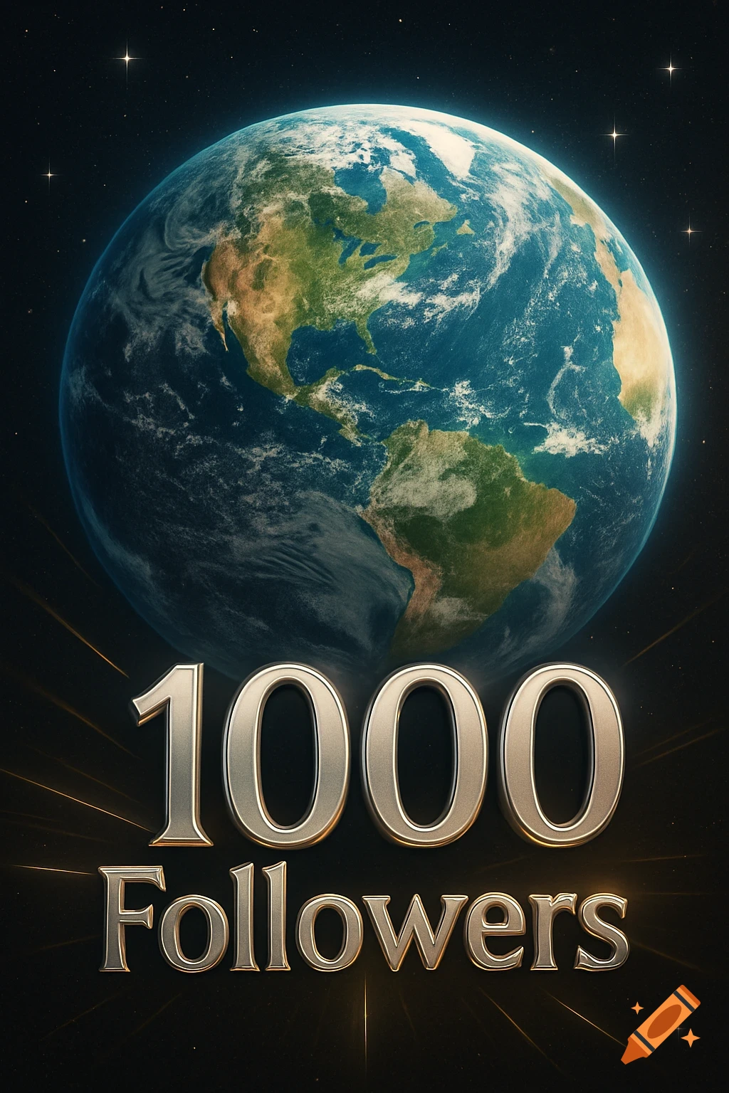 A photorealistic rendering of the Earth viewed from space with "1000 Followers" in metallic text below it.