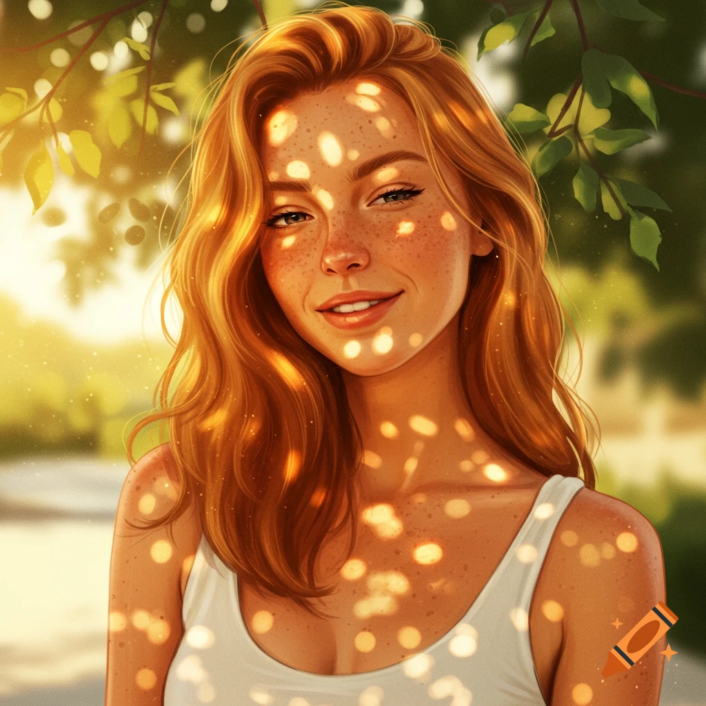 A close-up portrait of a smiling strawberry blonde woman with freckles, illuminated by dappled sunlight filtering through leaves.