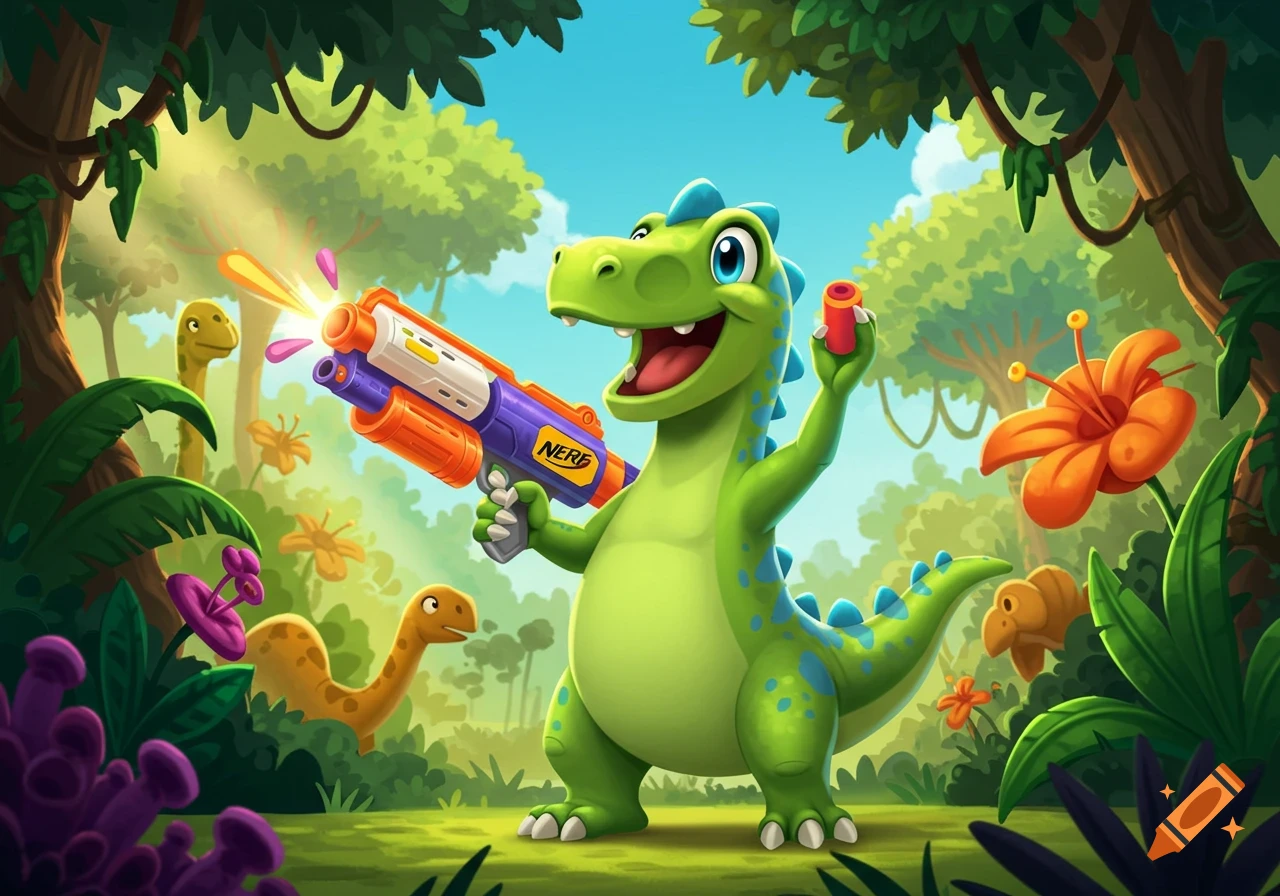 A happy green cartoon dinosaur holding a firing Nerf gun and a dart in a vibrant jungle with other dinosaurs.