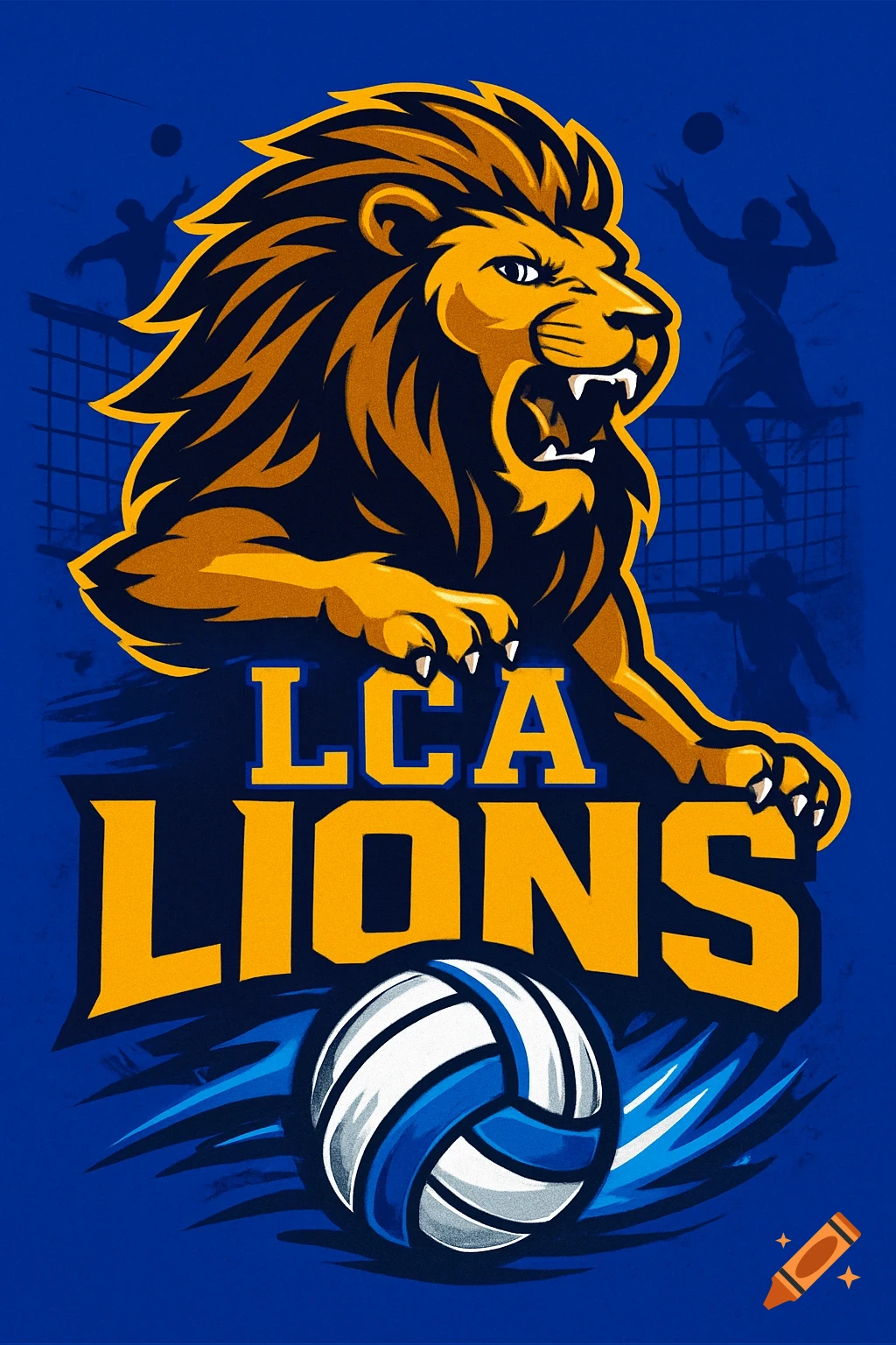 A blue and gold graphic design of a roaring lion mascot, text 'LCA LIONS', a volleyball, and player silhouettes.