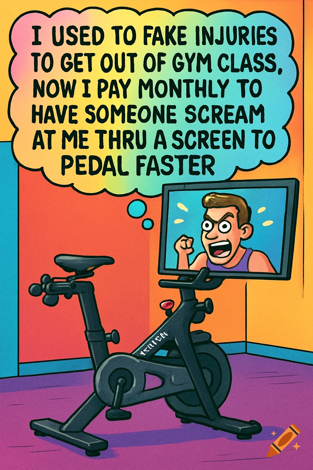 A colorful cartoon shows a stationary exercise bike with a screen displaying an angry instructor. A thought bubble above reads: "I used to fake injuries to get out of gym class, now I pay monthly to have someone scream at me thru a screen to pedal faster."