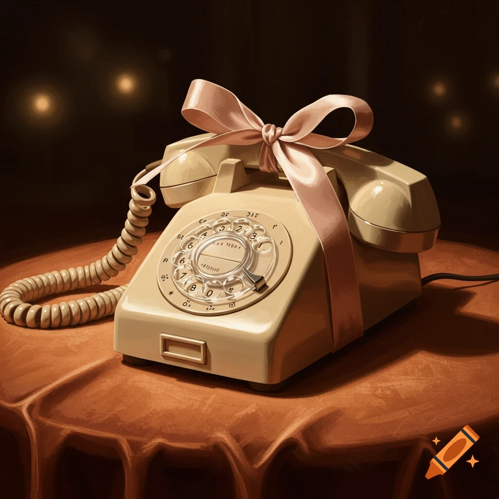 A beige vintage rotary telephone with a pink bow on top, sitting on a draped table in a dimly lit room with bokeh lights.
