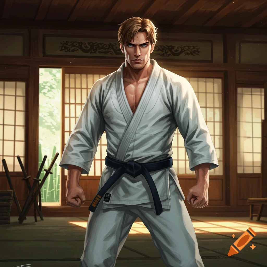 A stylized male martial artist with blue eyes and light brown hair stands in a white gi with a black belt in a traditional dojo.