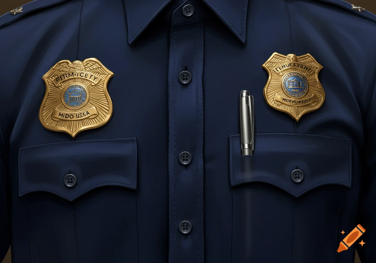 A close-up of a dark blue police shirt with two gold badges and a silver pen in the pocket.