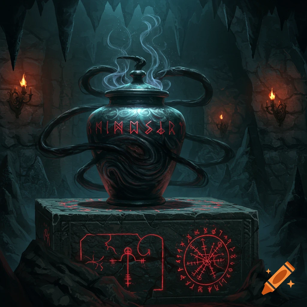 An ornate, glowing jar on a runic pedestal in a dark, mystical cave, rendered in a detailed dark fantasy style.