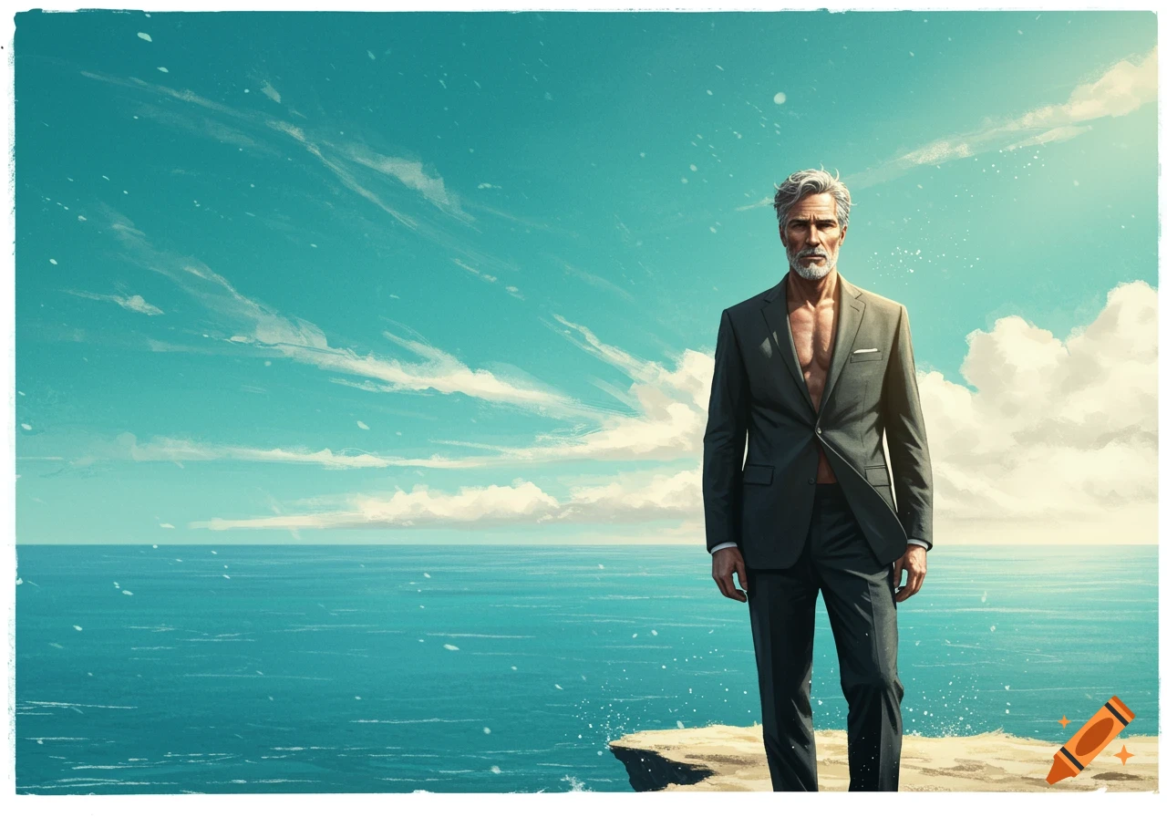 A stylized portrait of a man in an open suit standing on a cliff by a vast turquoise ocean.