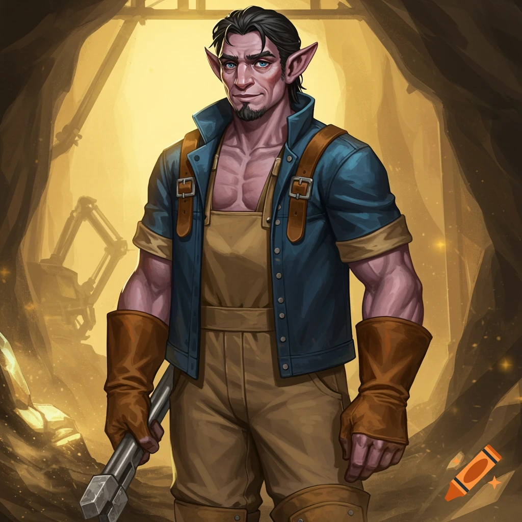 A muscular male Majiri character, Hodari, in mining gear holding a tool in a glowing golden mine.