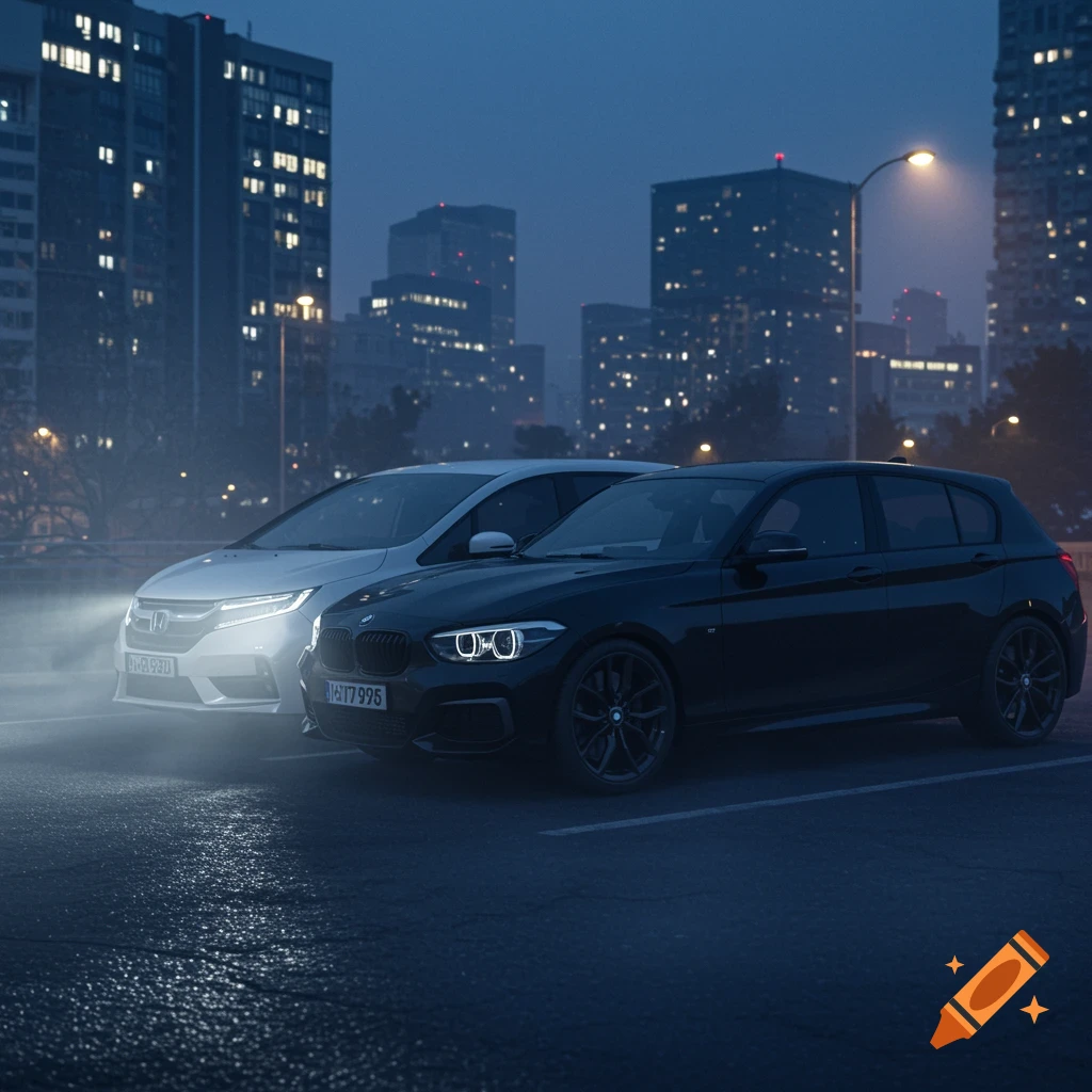A white Honda and a black BMW parked at night in a city with illuminated buildings in the background.