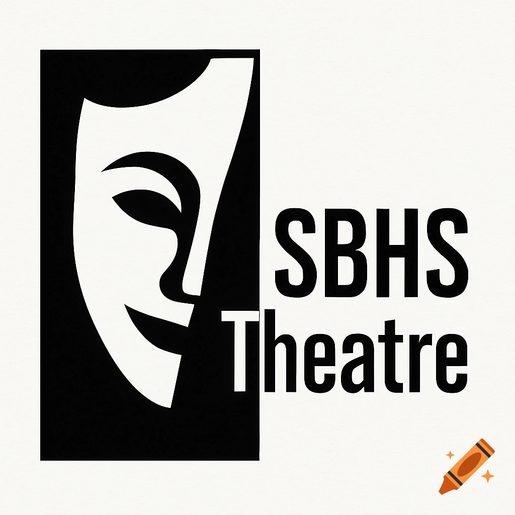 A black and white minimalist logo featuring a theatre mask next to the text "SBHS Theatre" on a light background.