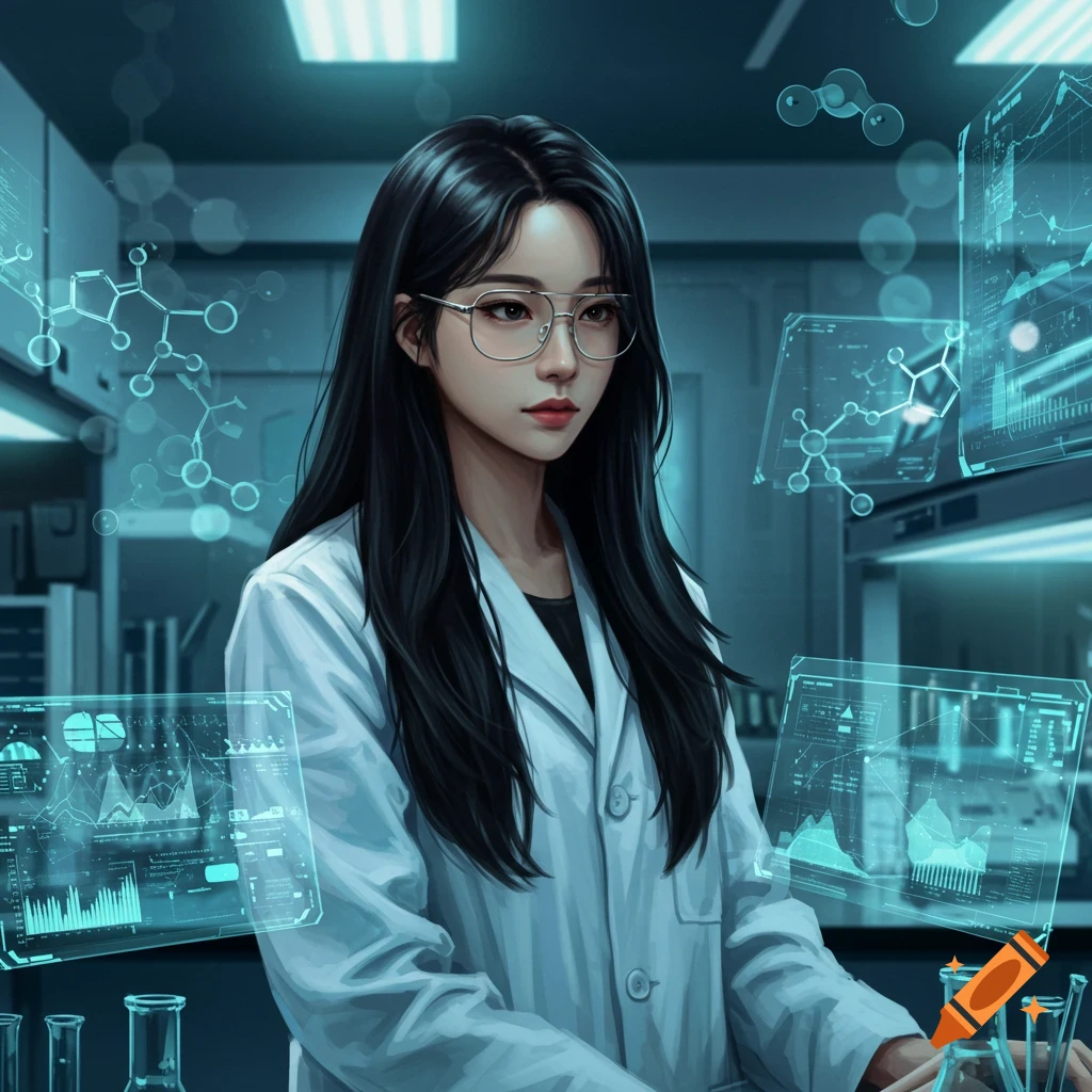 An anime-style female scientist with long black hair and glasses in a lab coat looks at glowing blue holographic data screens in a dark lab.