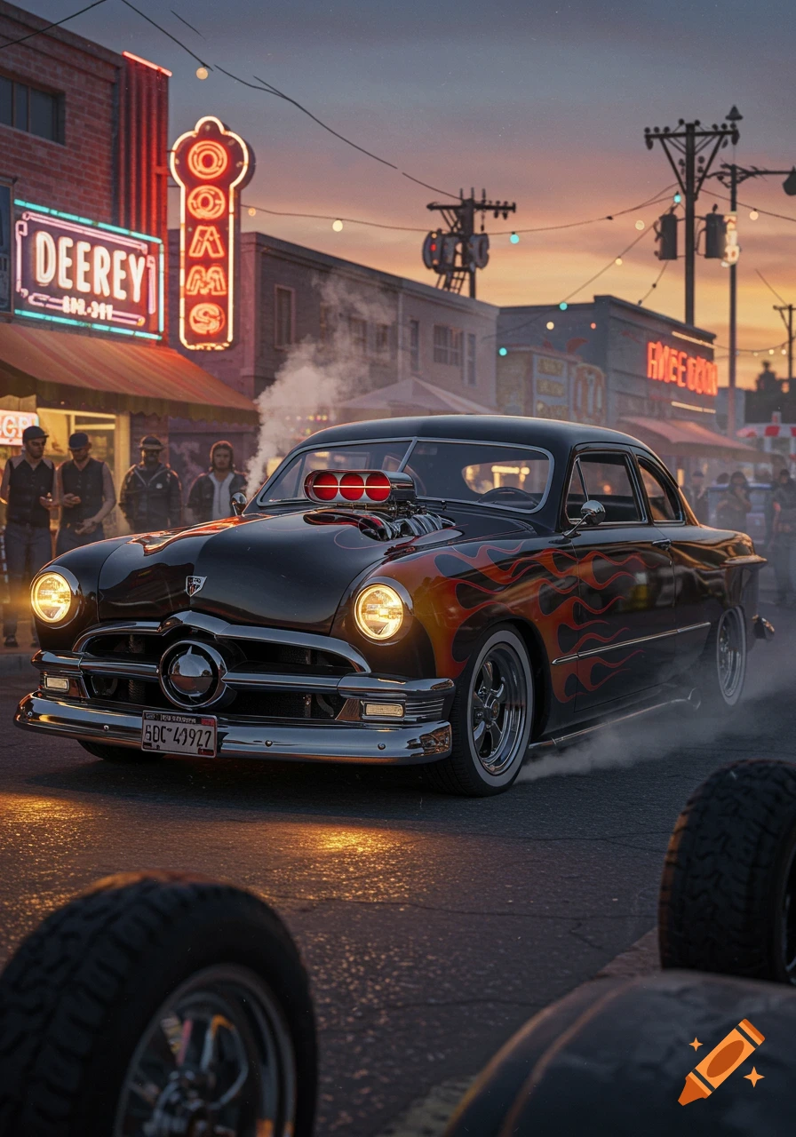 A dark 1950s Ford hot rod with flame decals and an exposed engine idles on a street at sunset, with neon signs and people in the background.