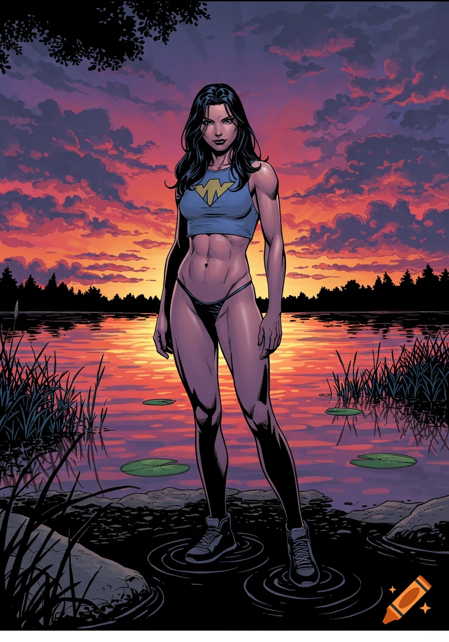 A comic art illustration of a muscular woman in a cropped top and bikini bottoms standing in a lake at sunset.