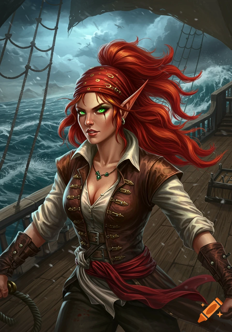 Red-haired female pirate elf with green eyes standing on a stormy ship deck, in a detailed fantasy art style.