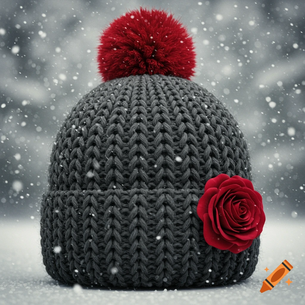 A grey knitted hat with a red pom-pom and a red rose on the side, set against a snowy background.