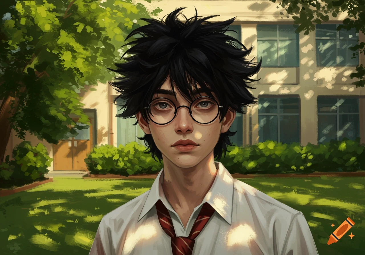 Anime-style portrait of a teenage boy with messy black hair and round glasses in a school uniform, standing outside a building.
