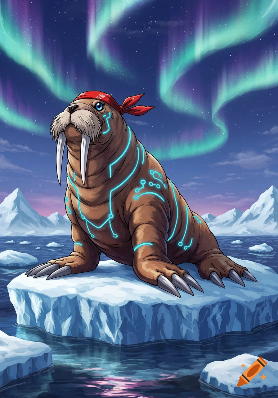A cartoon walrus with glowing blue circuit patterns and a red bandana sits on an ice floe under the aurora borealis.