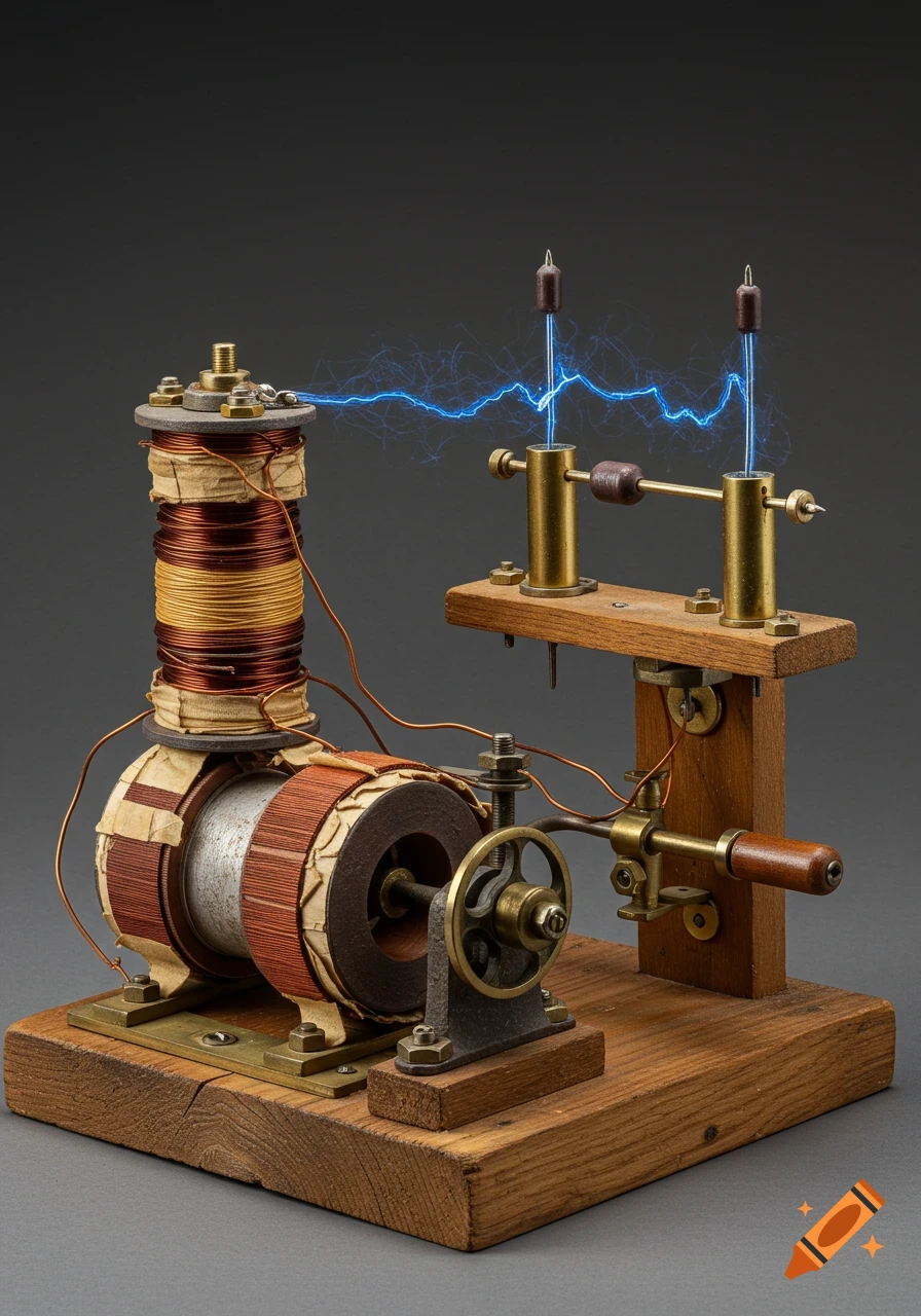 An antique electromagnetic coil device on a wooden base with blue electrical sparks.
