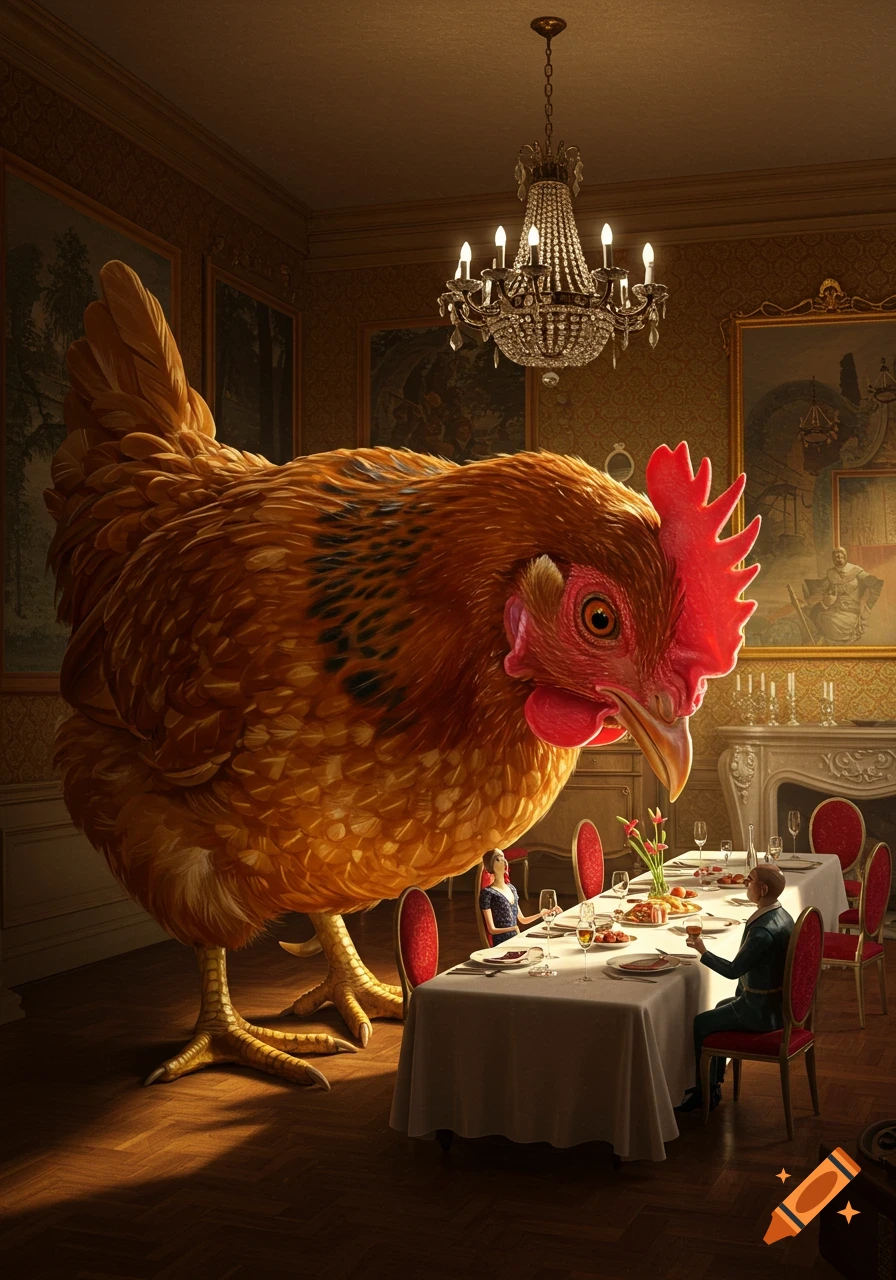 A giant photorealistic chicken looms over tiny humans seated at a grand dining table in an ornate room.