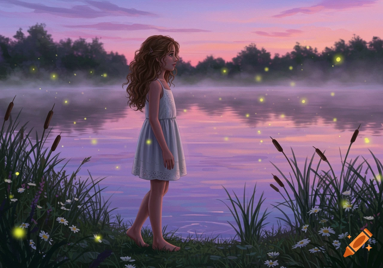 A girl in a white dress stands barefoot by a misty lake at sunset, with fireflies, reeds, and daisies in an ethereal illustration.