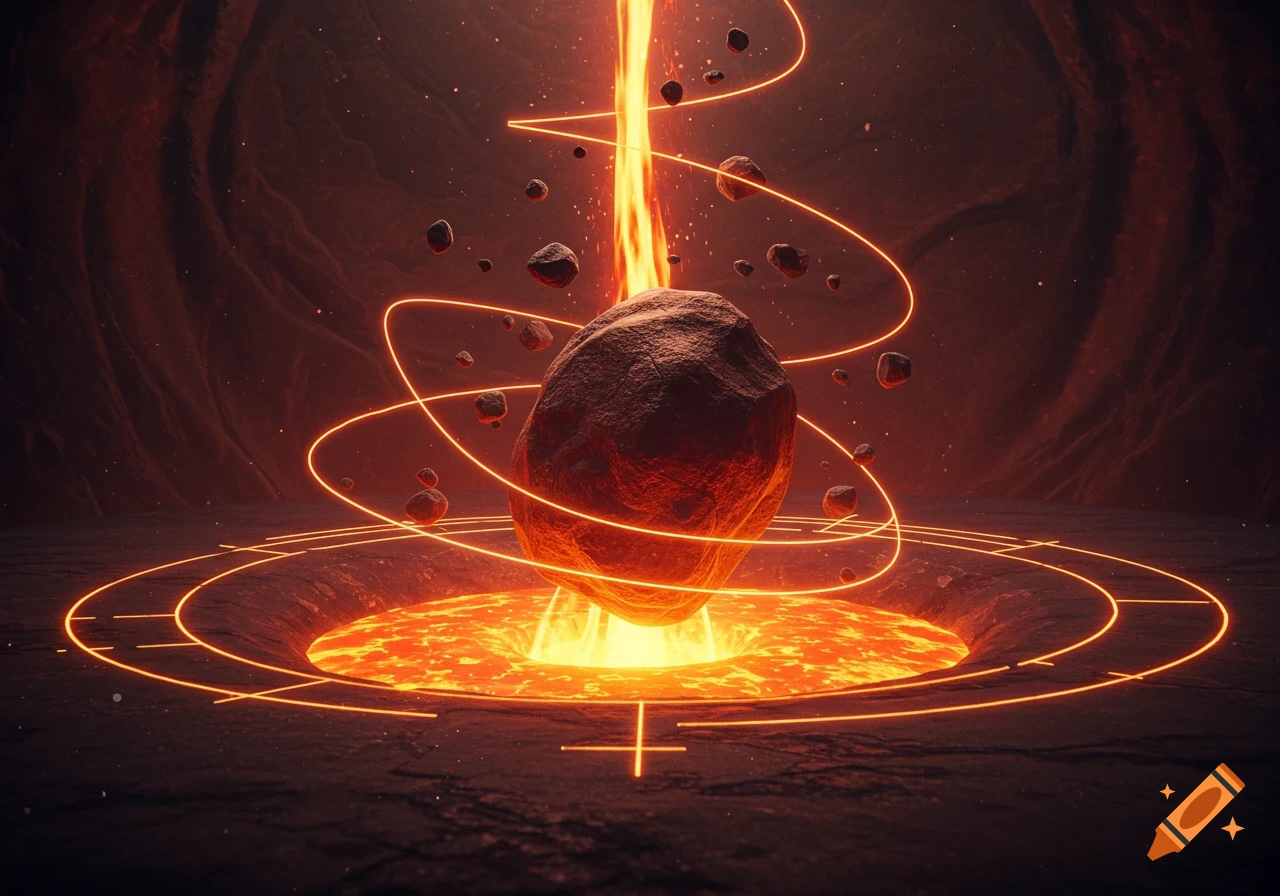 A large rock floats above a glowing pool of lava, surrounded by swirling orange energy lines and smaller rocks in a dark cavern.