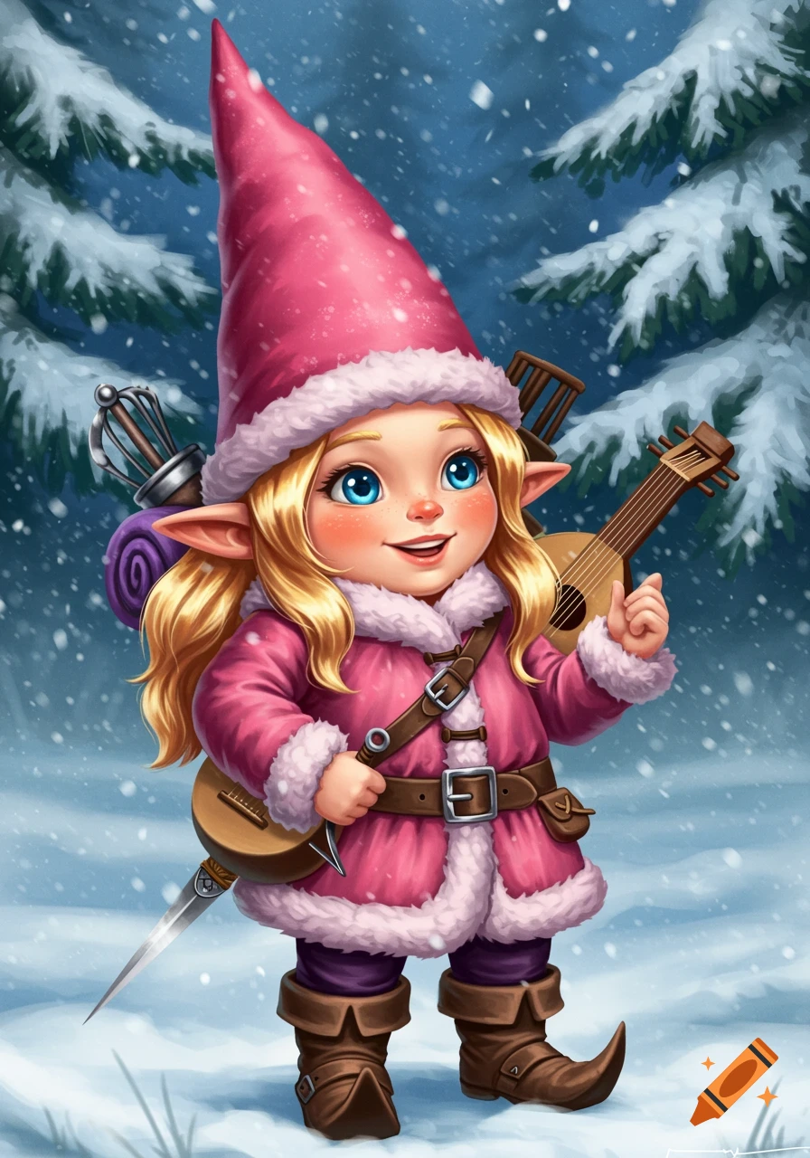 A cute blonde female gnome in a pink winter coat and hat, carrying a lute and dagger, stands smiling in a snowy forest.