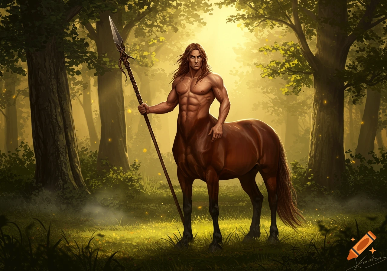 Muscular male centaur with long brown hair, holding a spear in a sunlit forest.