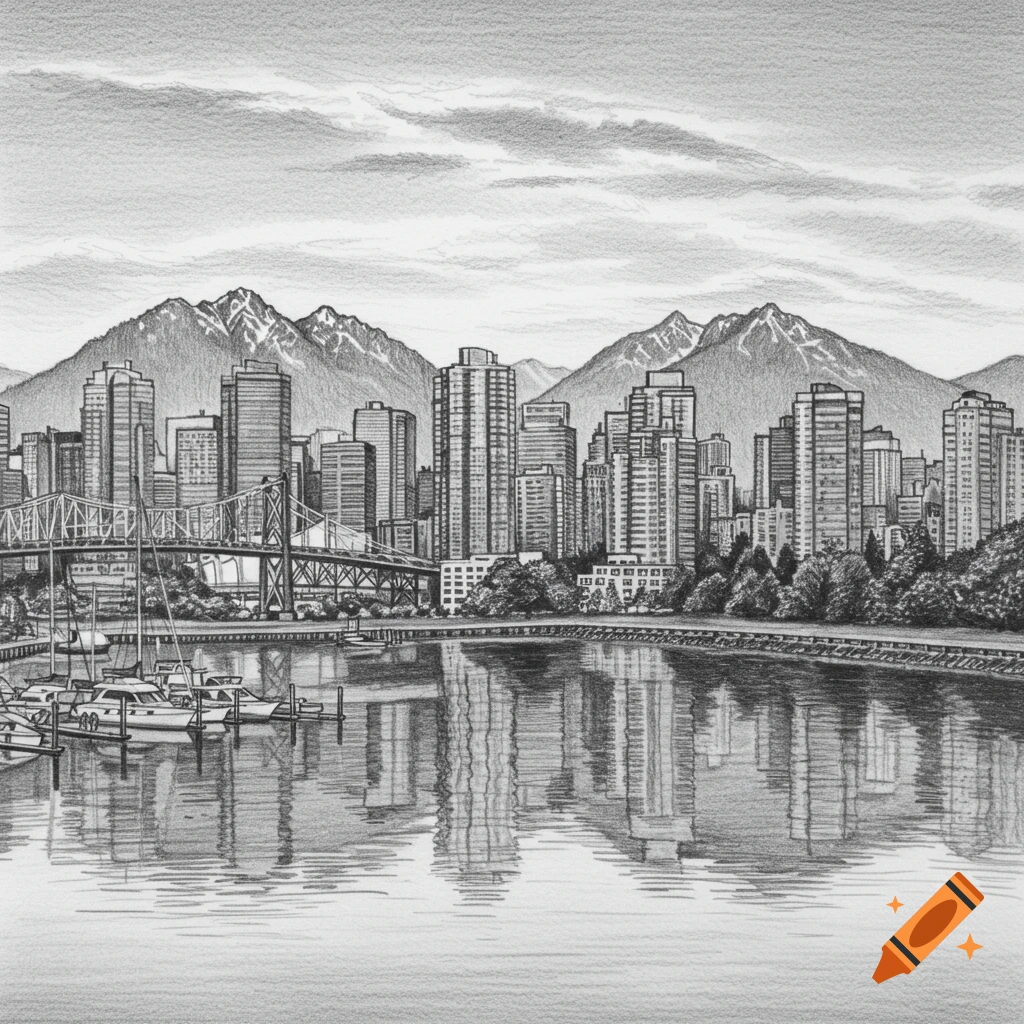 Detailed black and white pencil sketch of a cityscape with mountains, a bridge, and boats in the foreground, reflected in the water.